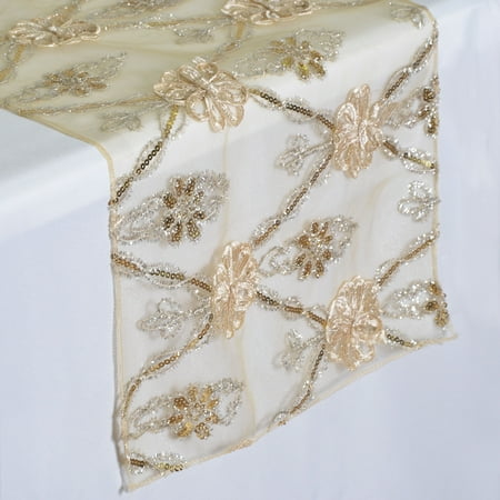 

BalsaCircle 14 x 108 Sequined Flowers Lace Table Runner Champagne