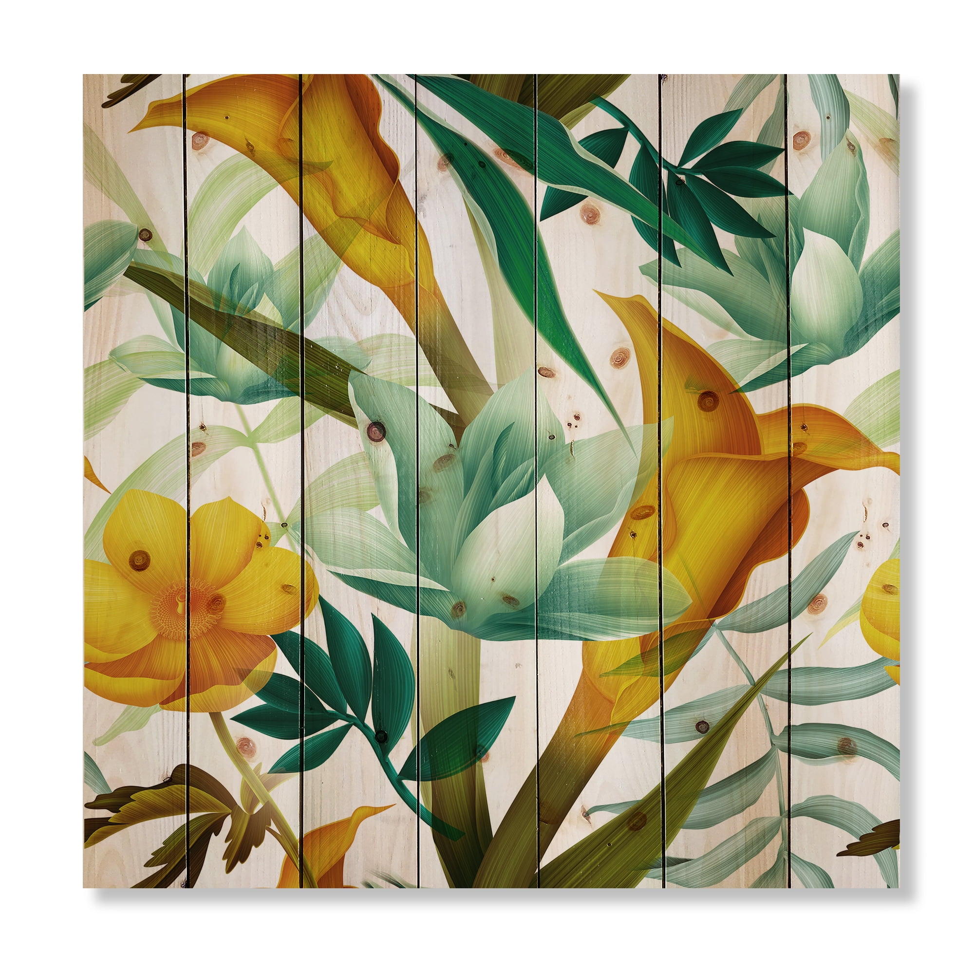Designart 'Yellow Flowers and Tropical Foliage III' Modern Print on Natural Pine Wood