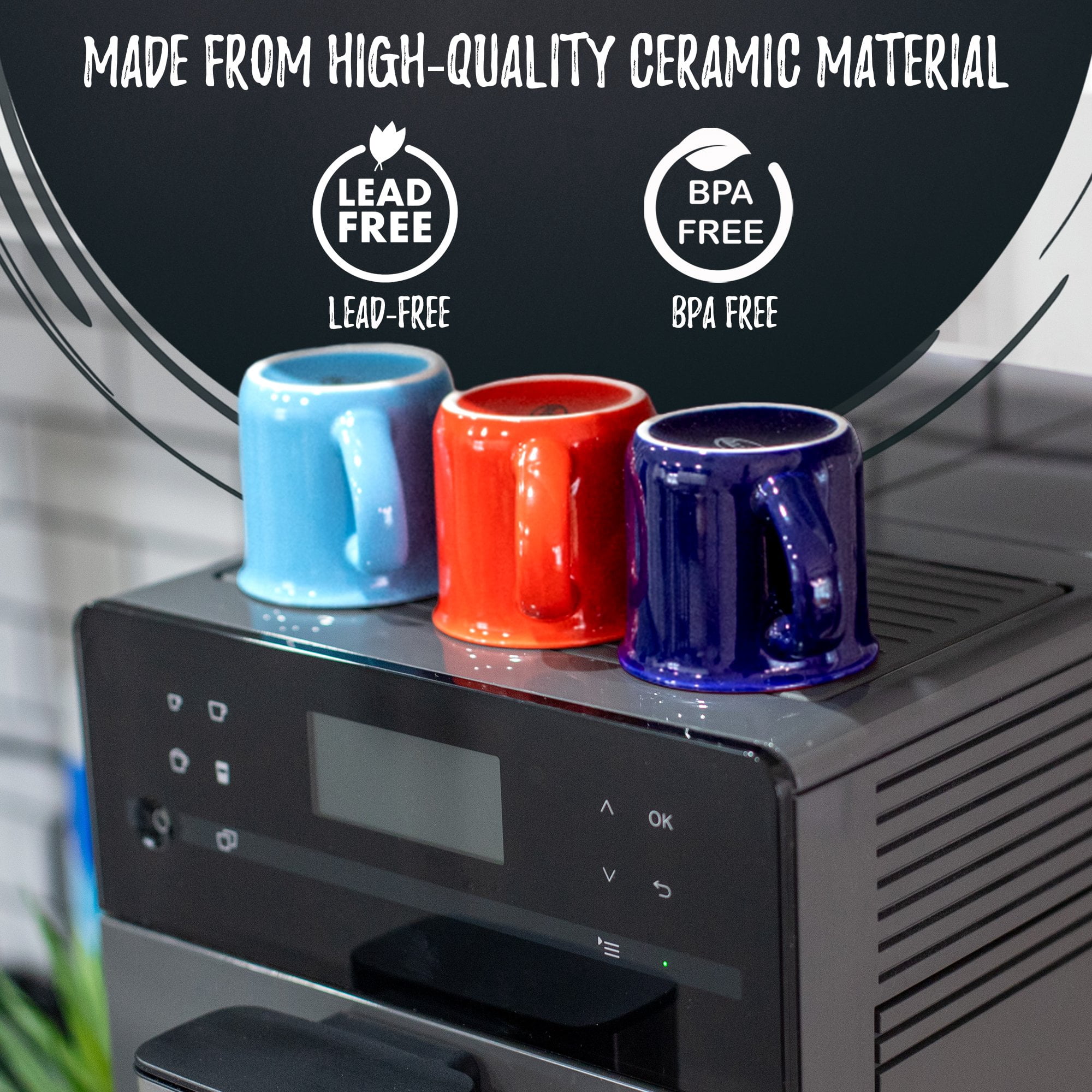 Bacimi Mini Ceramic Espresso Cups Set of 6 / 3oz - Small Drinking Cups with Handle - Dishwasher & Microwave Safe - Modern Mugs for Coffee, Tea, Cocoa