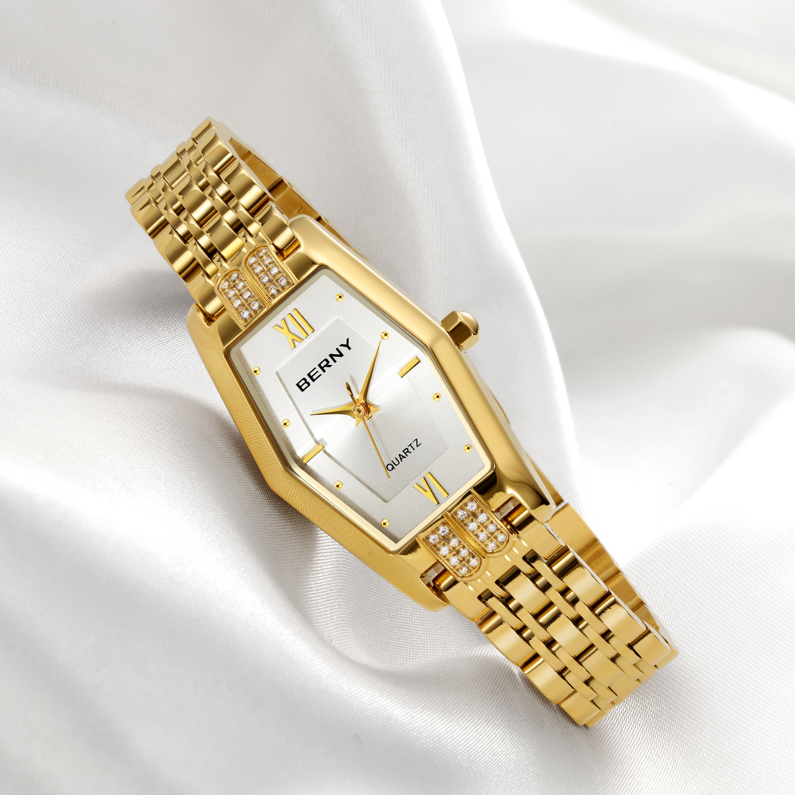 BERNY Gold Watches for Women, Dainty Luxury Diamond Stainless Steel Bracelet Watch, Adjustment Tool Included, Waterproof, Fashion Ladies Analog Quartz Wristwatch, Small Gold Watch Gifts (White)