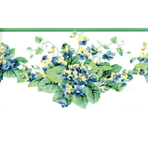 Trimz Floral and Ivy  Wallpaper Border ,Scalloped  Green, Blue, White - 15' Long x 9.4" Wide