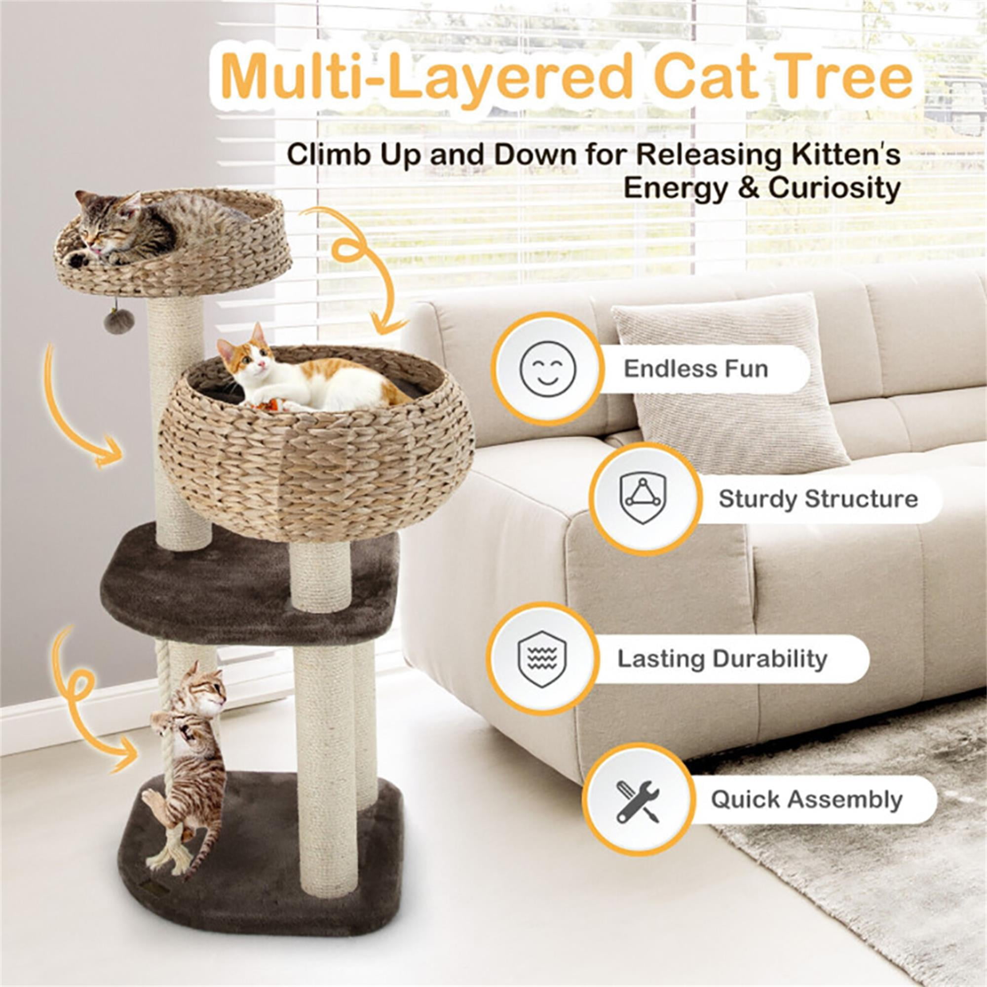 Kadyn 41" Rattan Cat Tree Indoor Climbing Activity Tower with Scratching Posts, Napping Perch, Brown