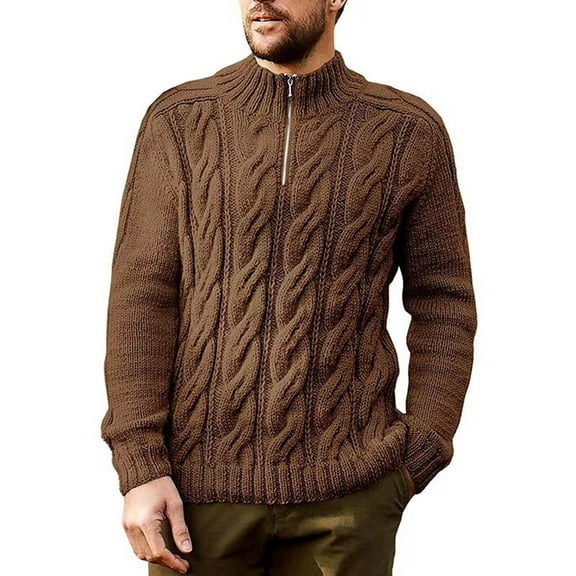 XUNKUSGA Mens Sweater Quarter Zip Knit Sweater Long Sleeve Mock Neck Cable Knit Sweaters for Men Vintage Solid Color Fall Pullover Sweater S-3XL Brown