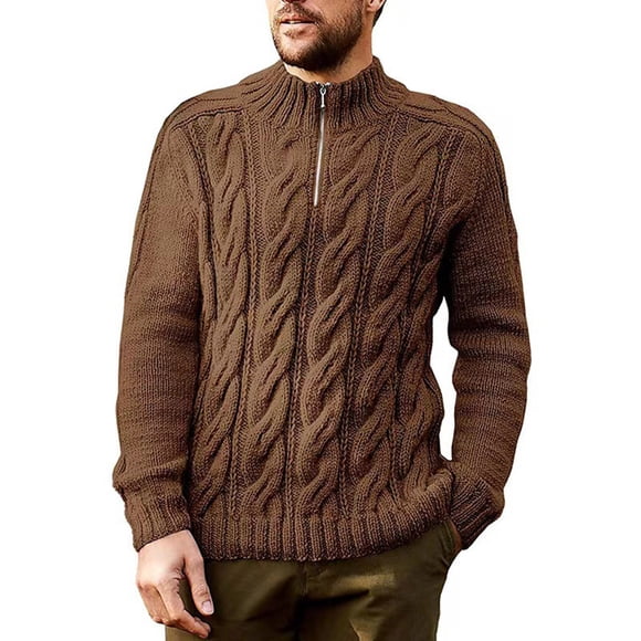Pisexur Sweaters Men Soft and Comfortable Fall Sweaters Men's Solid Color Long Sleeved Half Zipper Half High Neck Knitted Sweater Brown,S