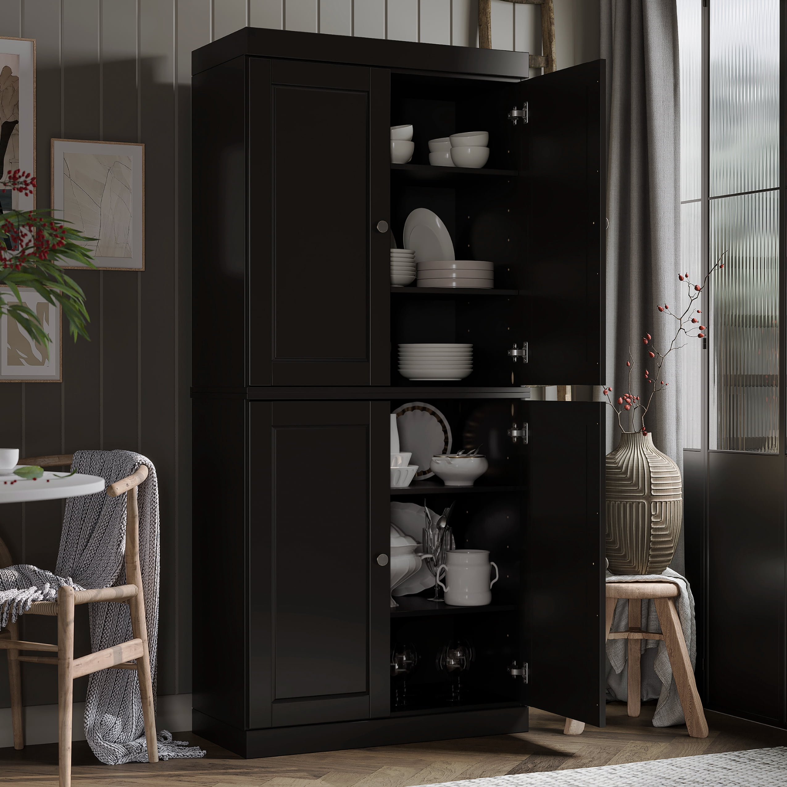 Palace Imports 100% Solid Wood Kitchen Pantry Storage Cabinet with Solid Doors and Adjustable Shelves, Black