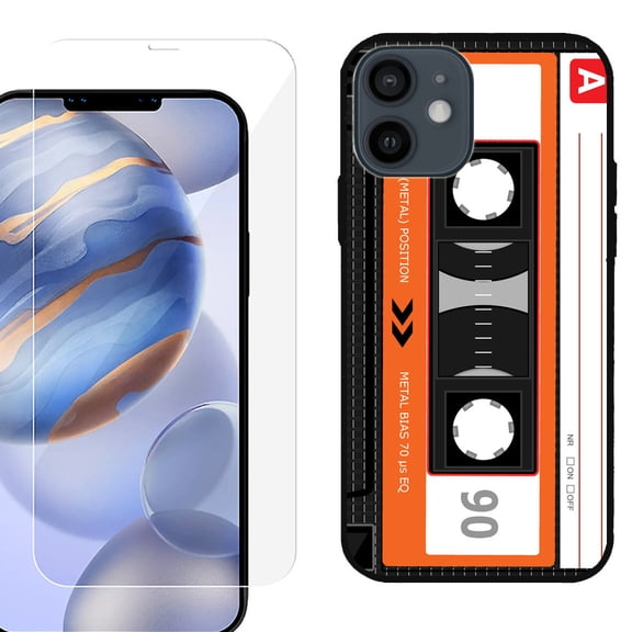 Slim-Fit Protective Phone Case (Black) compatible with iPhone 12 / iPhone 12 Pro, with Tempered Glass Screen Protector, by OneToughShield ® - Cassette Orange