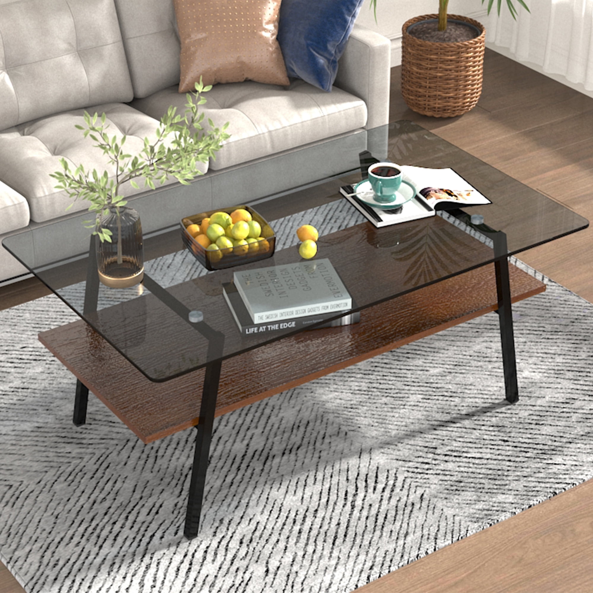 Holaki Glass Coffee Table, Rectangle Tempered Glass Table, 2-Tier Center Table  with Clear Tempered Glass Top Metal Leg, Mordern Home Office Furniture