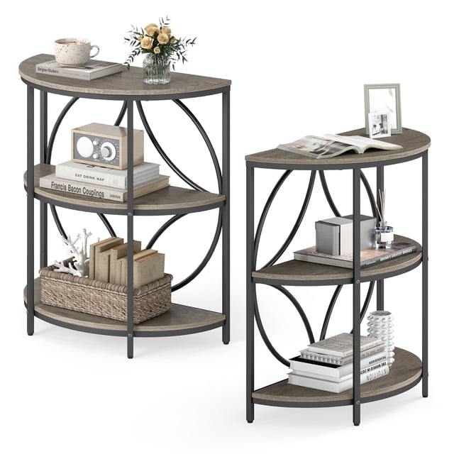 Gymax 3-Tier Half Round End Table Set of 2 w/Study Metal Frame Storage Shelves Grey