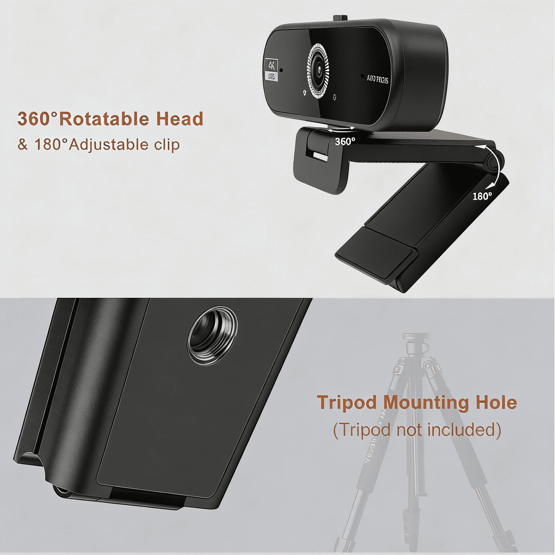 JETO W08 1-Pack 4K Webcam, 30fps Camera with Autofocus, Hidden Privacy Shutter, Noise-Reducing Mic, USB Plug and Play for Streaming and Conferencing