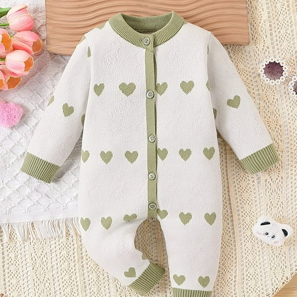 AMERTEER Baby Girl‘S Soft Pink Sweater Onesie - Long Sleeve Winter Outfit with Heart Buttons Stretchy Knit Romper for Everyday Nursery School Travel - Cozy Infant Clothing Babygirl C