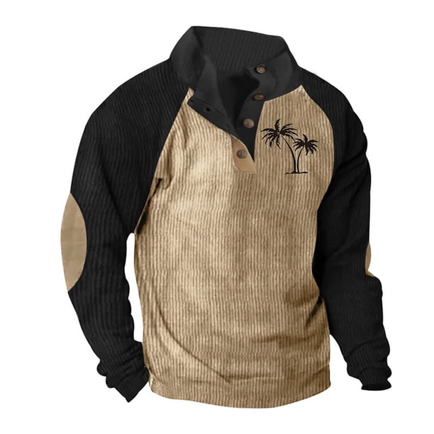 Blusa y camisa de manga larga con cuello alto para hombre, estilo casual, con estampado de palmeras color cacao, deportiva, con cuello alto, botones y patchwork, de poliéster.
