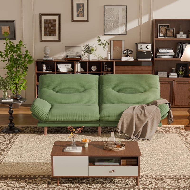 Lacoo 65"W Convertible Futon Sofa Bed with Five-level Adjustable Armrests,Corduroy Green