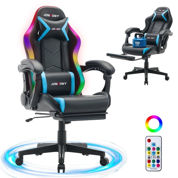 JONPONY Gaming Chair,Racing Style RGB LED Lights,Ergonomic Video Game Chair with Footrest and Lumbar Support ,High Back Reclining Computer Chair for Adults (Black/Blue)