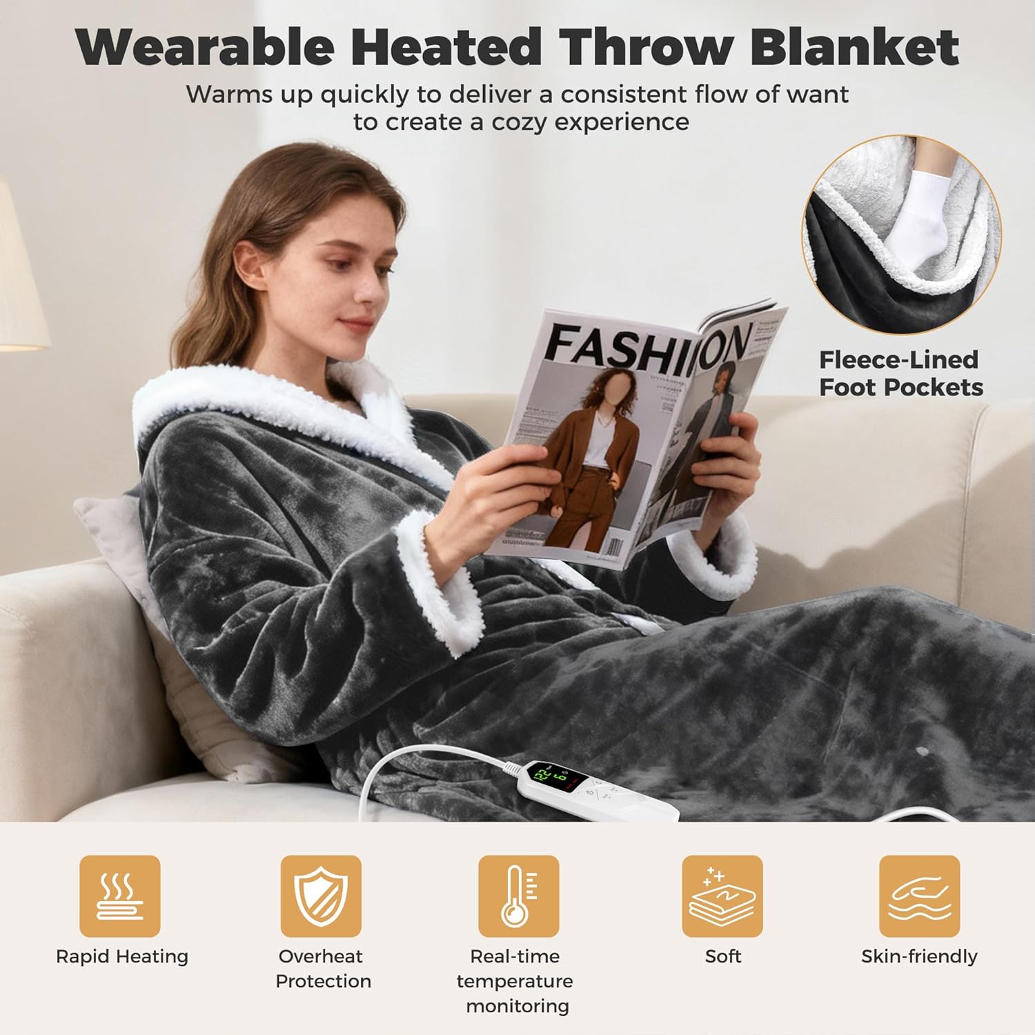 Heated Wearable Blanket with Sleeves & Foot Pocket – Electric Sherpa Blanket 50 * 70", 8 Heat Levels & 6 Timer Settings (1–12 Hours), Cozy Flannel Heated Throw Blanket for Home, Sofa & Bed Use,Grey