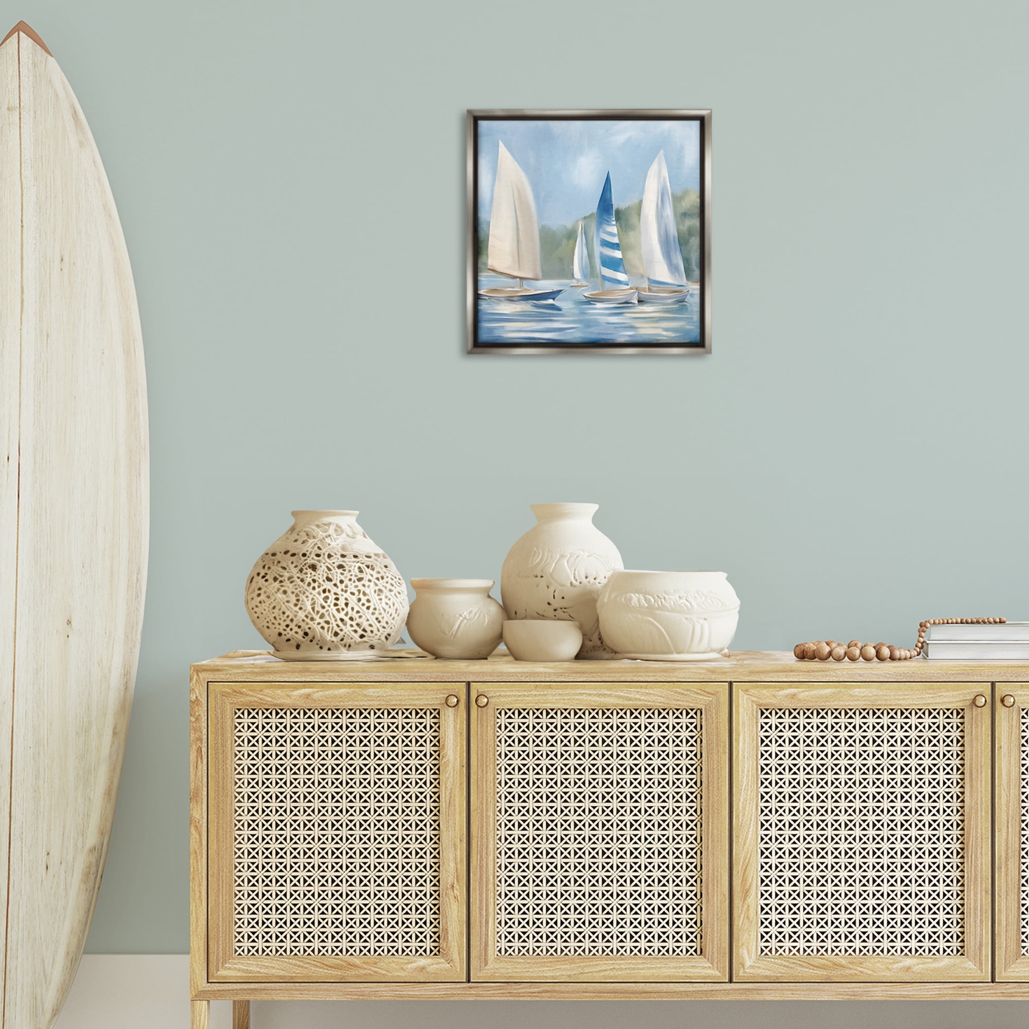 Stupell Industries Sailboat Day Painting Coastal Painting Gray Floater Framed Canvas Art Print Wall Art, 18 x 18