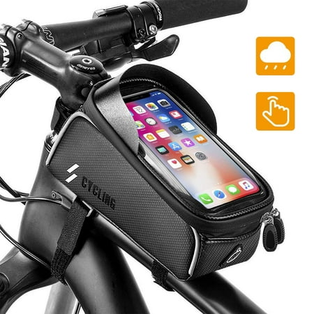 Waterproof Bike Handlebar Bag, Cycling Bicycle Bag Sensitive Touch Screen Road Mountain Bike Storage Pouch Sun Visor Front Frame Bags Top Tube Outdoor Sports Mobile Phone Holder Case- Below 6.0