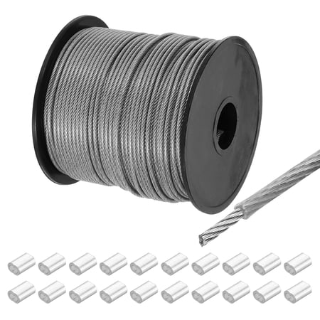 262Ft Wire Rope 304 Stainless Steel Cable 1/12 Vinyl Coated with 20pcs Aluminum Sleeves Clear