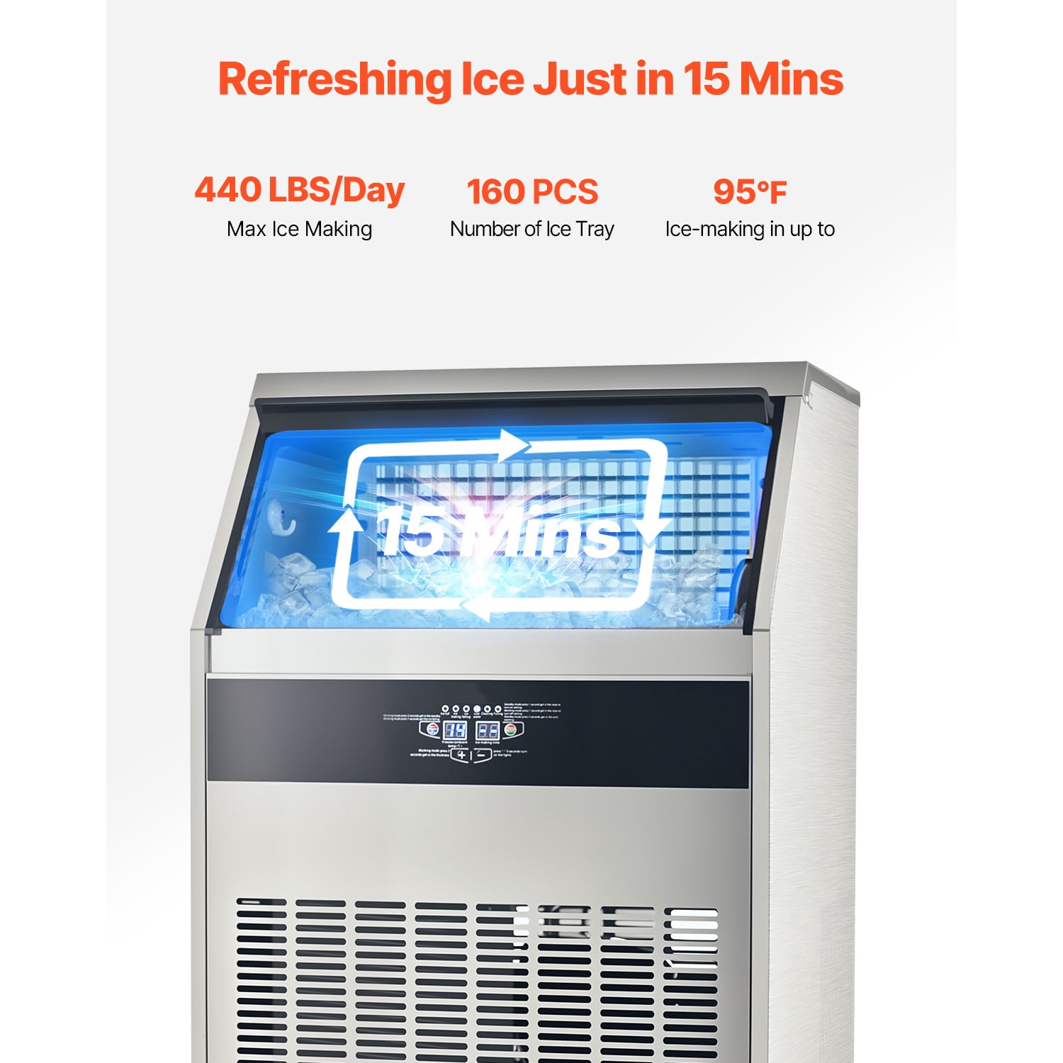 KFFKFF 440lbs Commercial Ice Maker Machine Stainless Steel Under Counter ice Machine with 130lbs Storage Bins with Auto Clean