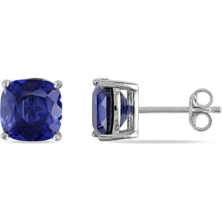 6 Carat T.G.W. Cushion-Cut Created Blue Sapphire Sterling Silver Solitaire Earrings