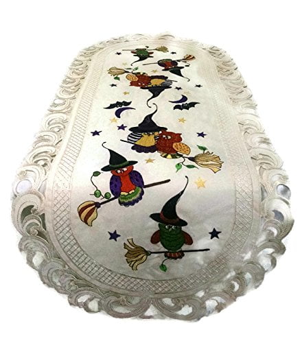 Doily Boutique Halloween Table Runner with Owls and Witch Hats Embroidered on Ivory Fabric, Size 15 x 45 inches