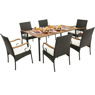 Costway 7PCS Patio Wicker Dining Set Acacia Wood Armrests Table with Detachable Cushions &Umbrella Hole