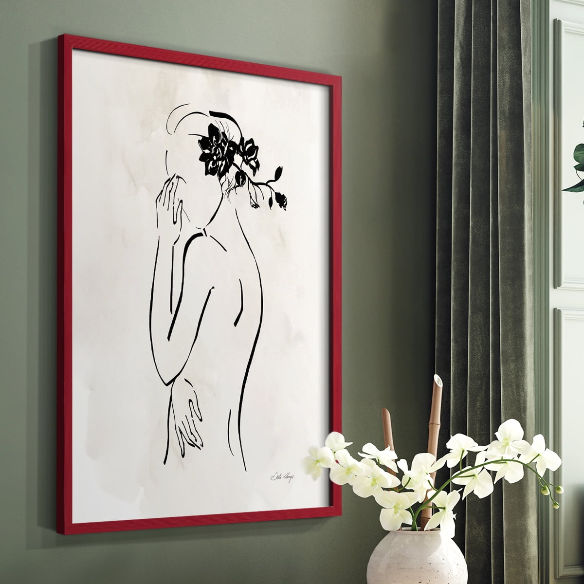 Romantic Line Art II in Red Solid Wood 8 x 10 Framed Print