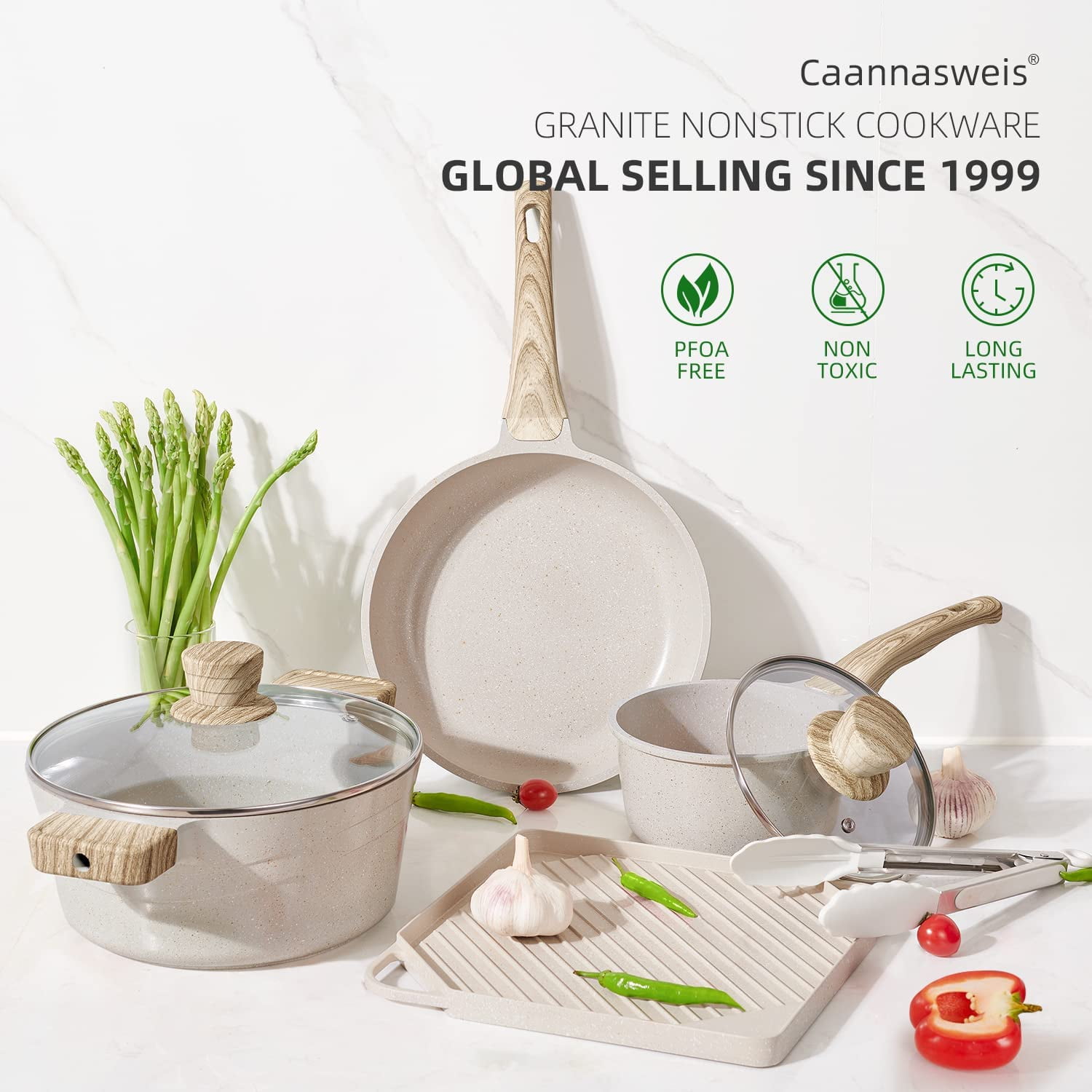 Caannasweis 8 Pieces Aluminum Pot and Pan Set Nonstick Cookware Sets  Granite Kitchen Pot Set with Frying Pan, Grill Pan 