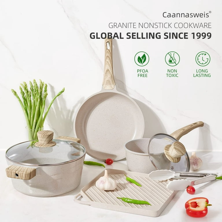  Caannasweis Nonstick Pots and Pans Set, Beige Granite Induction  Kitchen Cookware Sets, 14 Pieces Non Stick Cooking Set, Large Capacity  Saute Pan, PFOA Free: Home & Kitchen