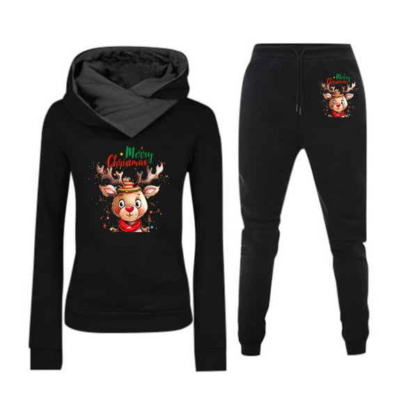 Women's Hooded Sports Set Christmas Print Long Sleeve Sweatshirt And Pants Outfit Cozy Winter Workout Jogger Suit