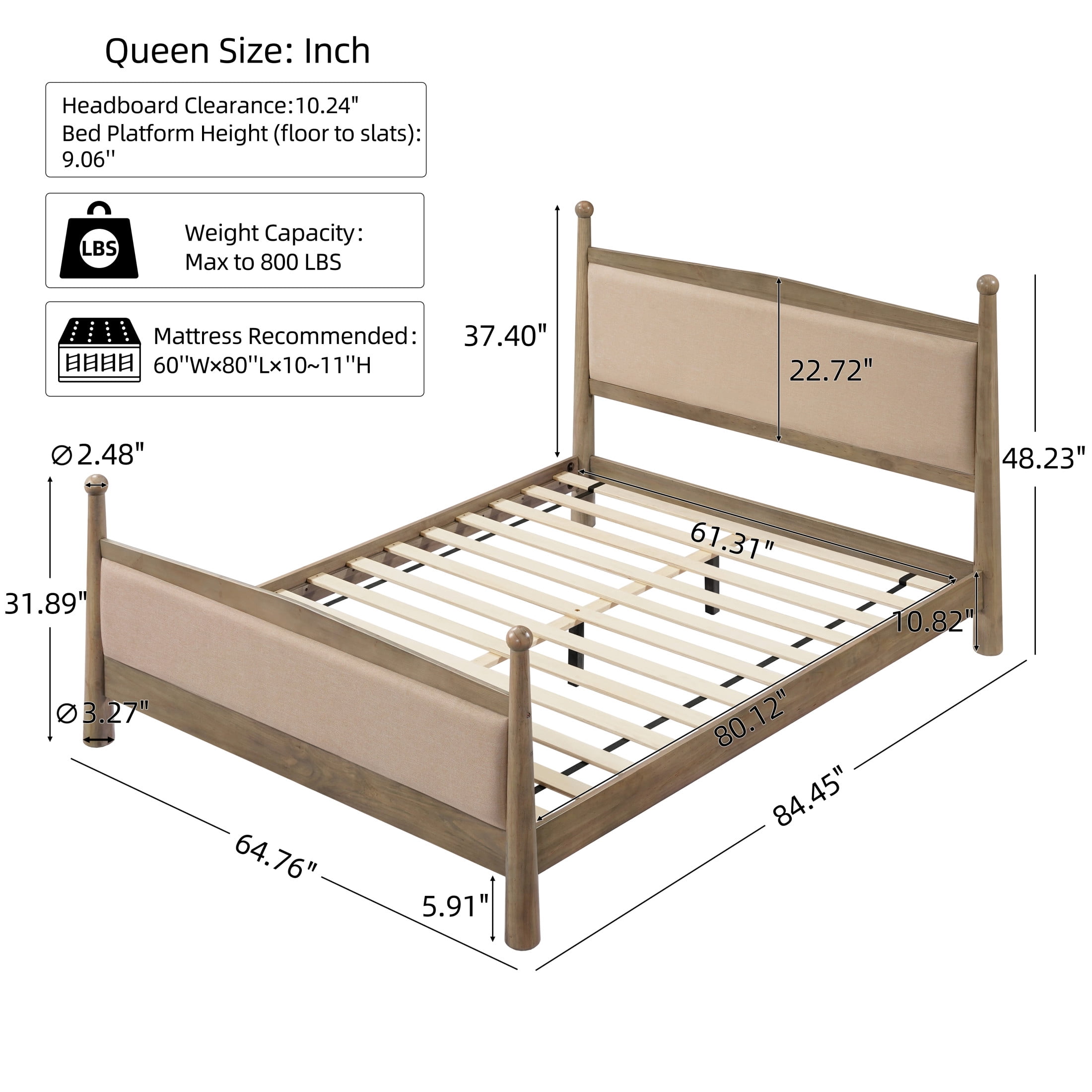 Christopher Knight Home Farmhouse Queen Platform Bed Frame with Upholstered Headboard, Antique Oak