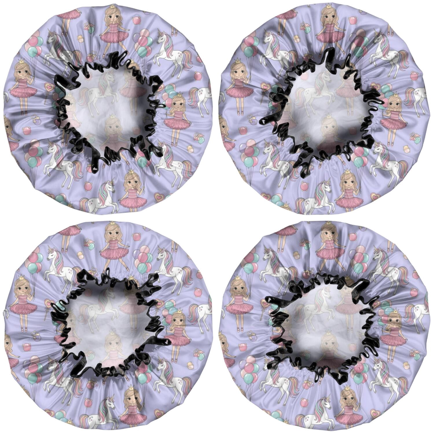 Shower Caps,Princess and Unicorn Pattern Waterproof Shower Cap for Women 4 Pieces,Double Reusable Hair Cover for Shower PEVA Elastic Stretch Hem