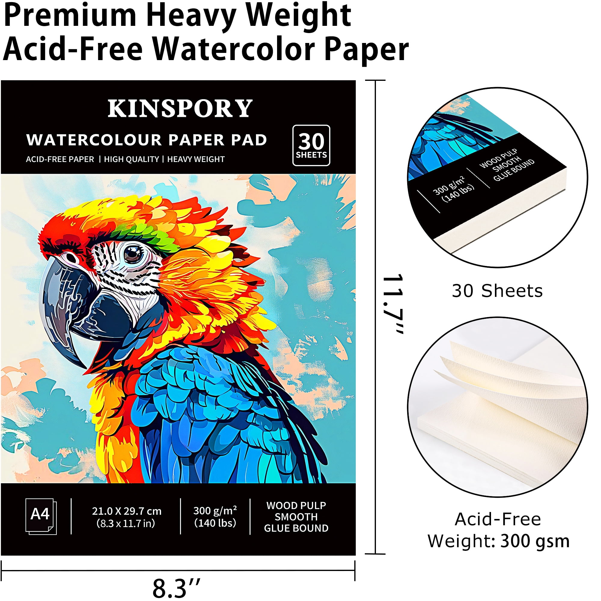 KINSPORY Watercolor Paper Pad, 2-Pack, A4, 30 Sheets, 140lb/300gsm, Painting Sketchbook for Artists, Adults, Kids