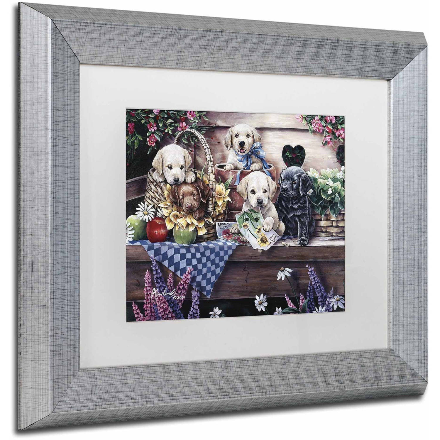 Trademark Fine Art 'Five Puppies' Canvas Art by Jenny Newland, White Matte, Silver Frame