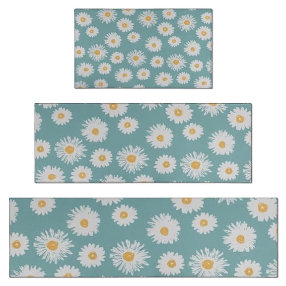 Teal Daisy Flower Golden Centers Pattern Kitchen Rugs Sets Of 3,Kitchen Runner Rugs Non Skid Washable,Decorative Kitchen Floor Mats for Kitchen,Sink,Laundry,17"x30" 17"x47" 17"x59"