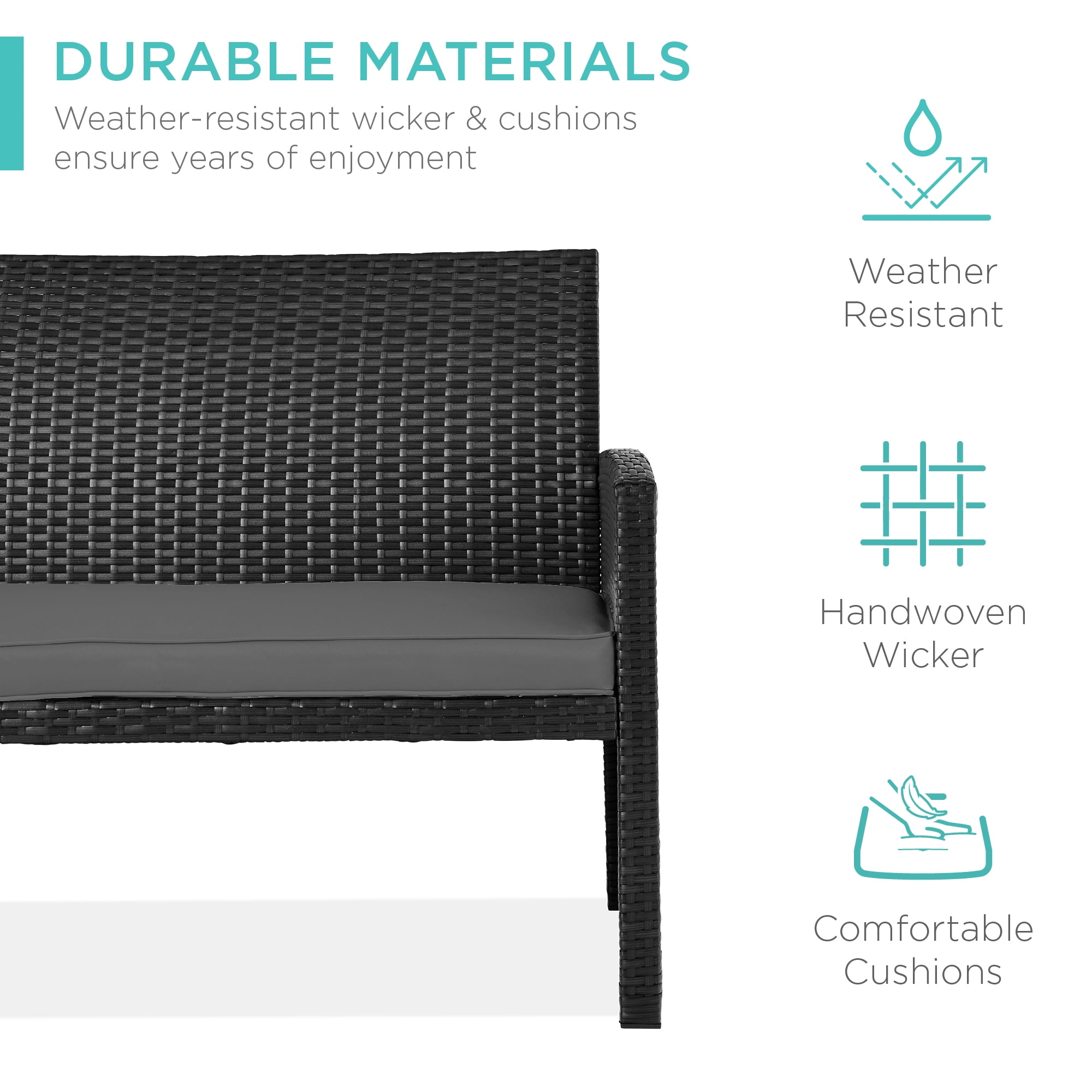 Best Choice Products 4-Piece Outdoor Wicker Patio Conversation Furniture Set w/ Table, Cushions - Black/ Gray