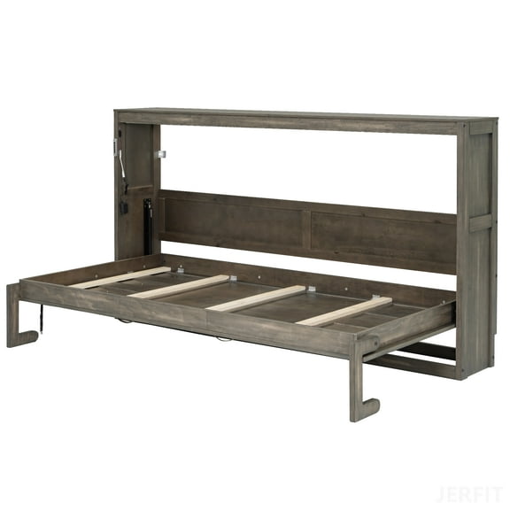 JERFIT-Twin Size Murphy Bed with Desk and LED Light,Convertible to Hidden Wall Bed Cabinet,Space-saving,Brown 