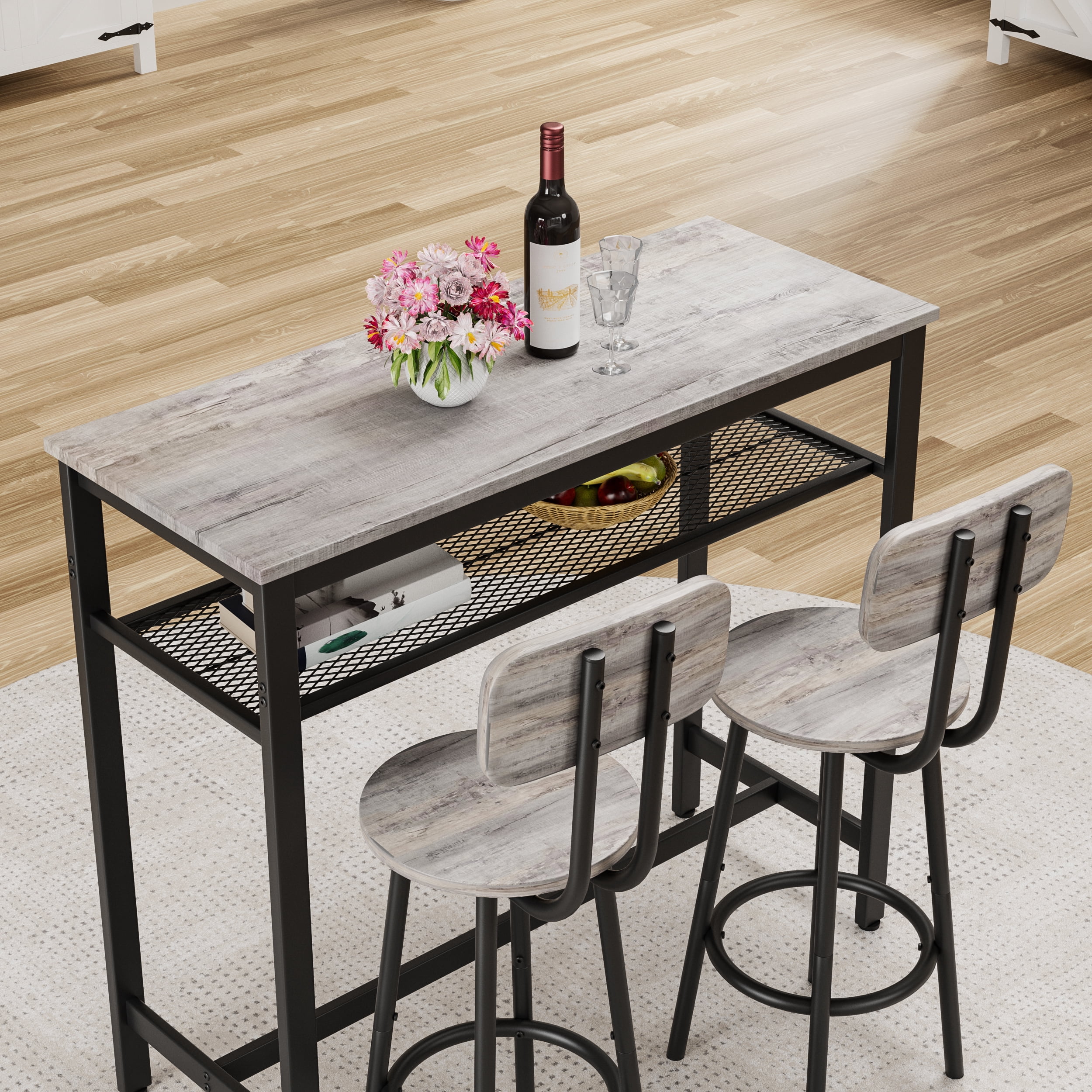 3-Piece Bar Table Set,Bistro Kitchen Table Sets with Metal Frame & Storage Rack,Modern Counter Height Table with 2 Stools for Kitchen, Dining Room, Living Room,