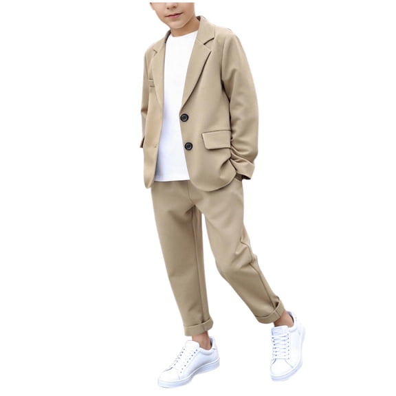 AUNVITO Boys & Girls Summer Suit Set Lightweight Button-Down Short Sleeve Shirt with Pocket and Elastic Waist Capri Pants Two-Piece Outfit