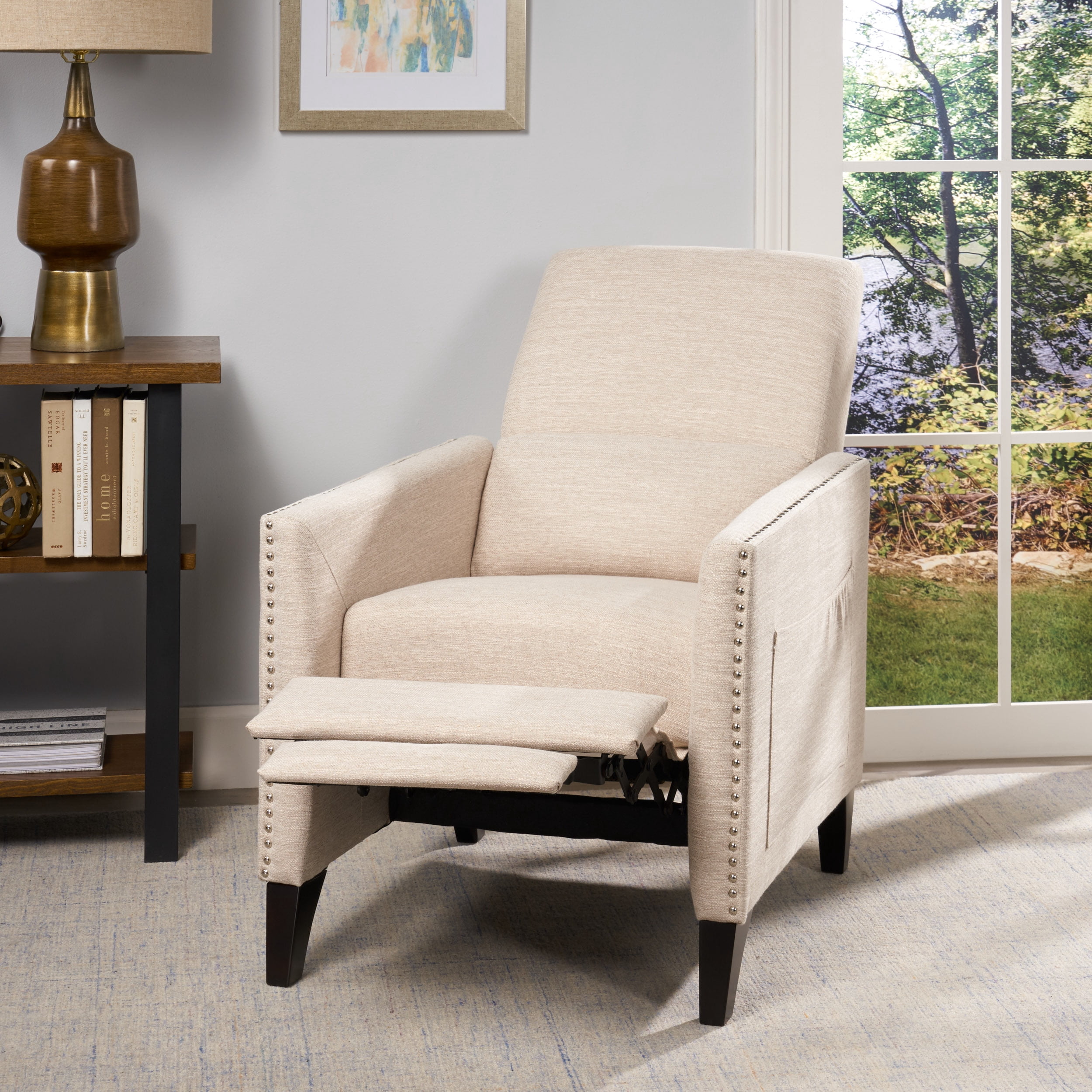 Noble House Beige Standard Contemporary Push Back Recliner with Nailhead Trim