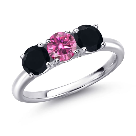 Gem Stone King 925 Sterling Silver Pink Moissanite and Black Onyx Engagement Ring for Women | 1.45 Cttw | Round 5MM | Gemstone Birthstone | Size 9