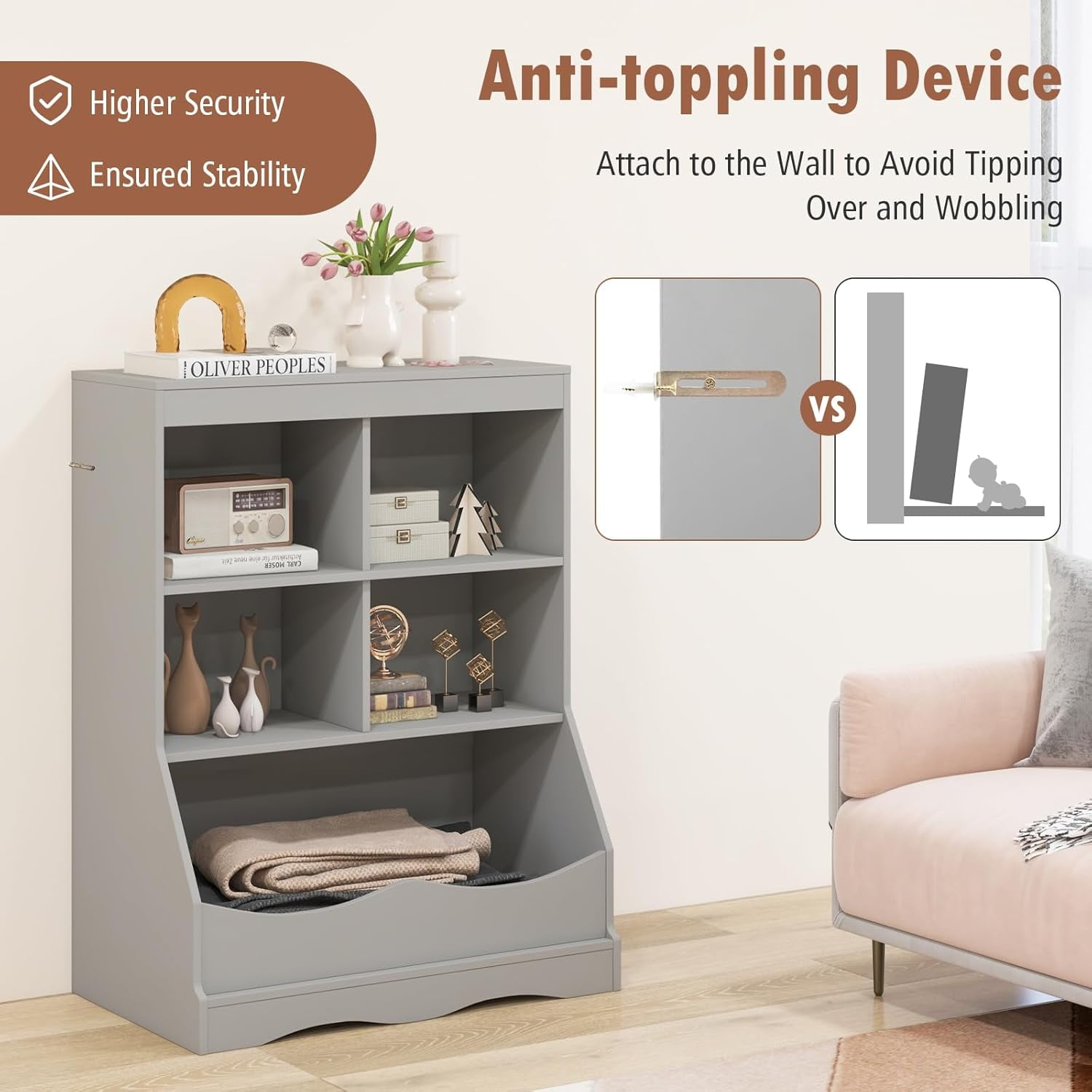 LINJH Storage Cabinet, Small Bookshelf, Short Bookcase with 4 Open Cube & Bottom Compartment, Anti-Tipping Device, Foot Pads, Cubby Storage Organizer for Study, Living Room-Grey