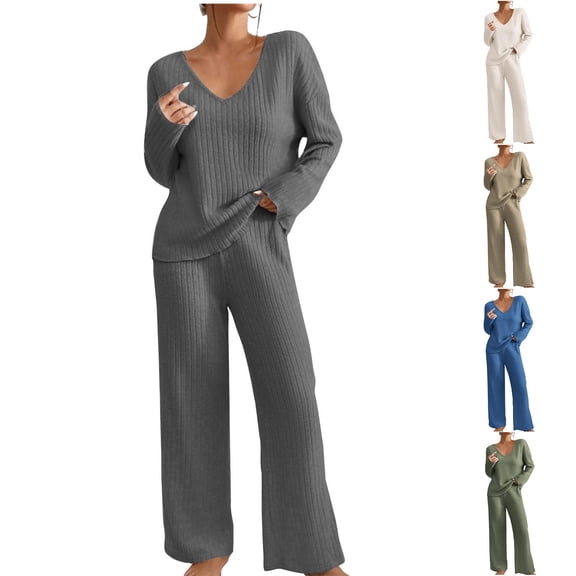 2 Piece Outfits for Women V Neck Long Sleeve Knit Sweater Top and Wide Leg Pants Ribbed Lounge Matching Set Fall Winter Blue S