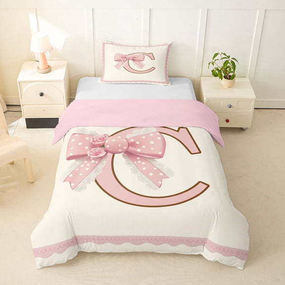 Feelyou Retro Rose Bow Letter C Print Twin Bedding for Girls, Cute Polkadots Ribbon Duvet Cover Set, Yellow Pink, Pink Reversible, 1 Duvet Cover and 1 Pillowcase (No Comforter)