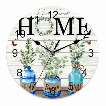 Wall Clock 12 Inch Retro Farmhouse Round Silent Decorative Wall Clocks Battery Operated for Living Room Bedroom Kitchen Classroom Decor, Eucalyptus Leaves Home Sweet Home Green Ivory,Large
