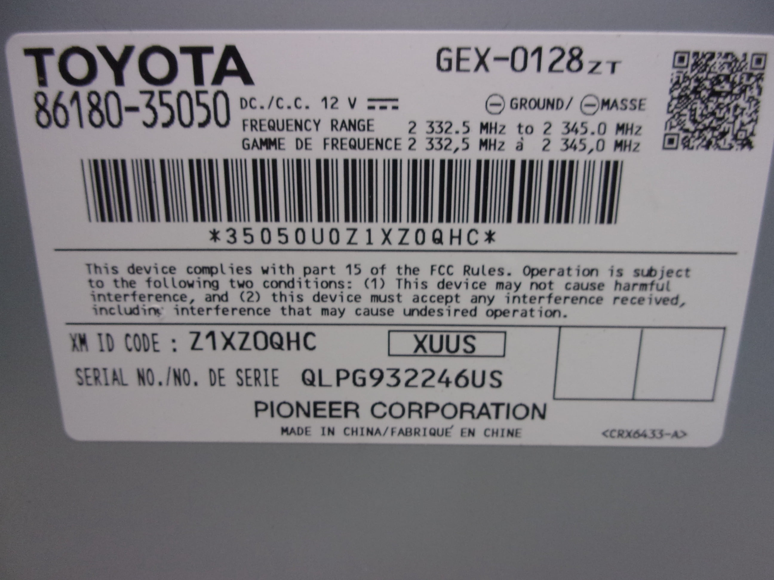 Pre-Owned 2016-2018 Toyota Rav4 Satellite Radio Receiver Module ID 86180-35050 OEM - Verify Specific Vehicle Fitment In Description - (Good)