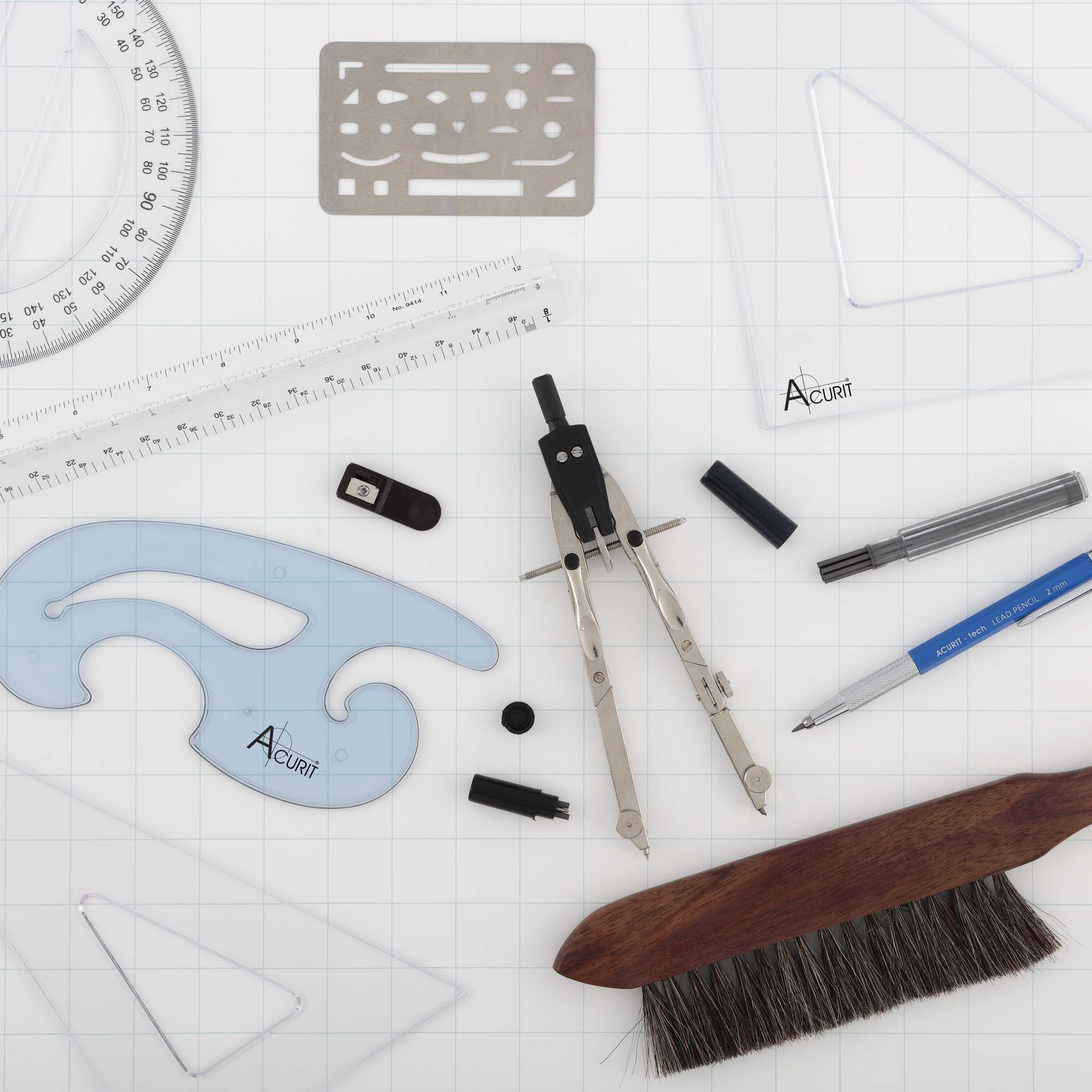 Acurit Drafting Tools Architect Set, 10 Piece Drafting Kit for Architects & Artists: Protractor, Compass, Architect's Scale, 2mm Pencil, Eraser Shield, Triangles, French Curve, Brush