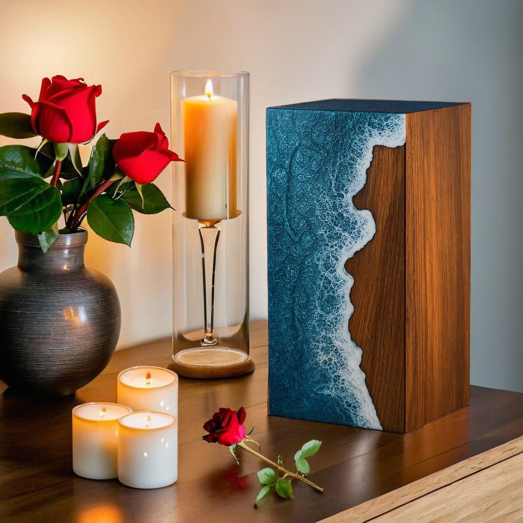 Wooden Urns for Human Ashes Adult Cremation Urns for Human Ashes Ocean Wave Design Wooden Urn Box Memorial Cremation Urn Box for Human & Pet Ashes