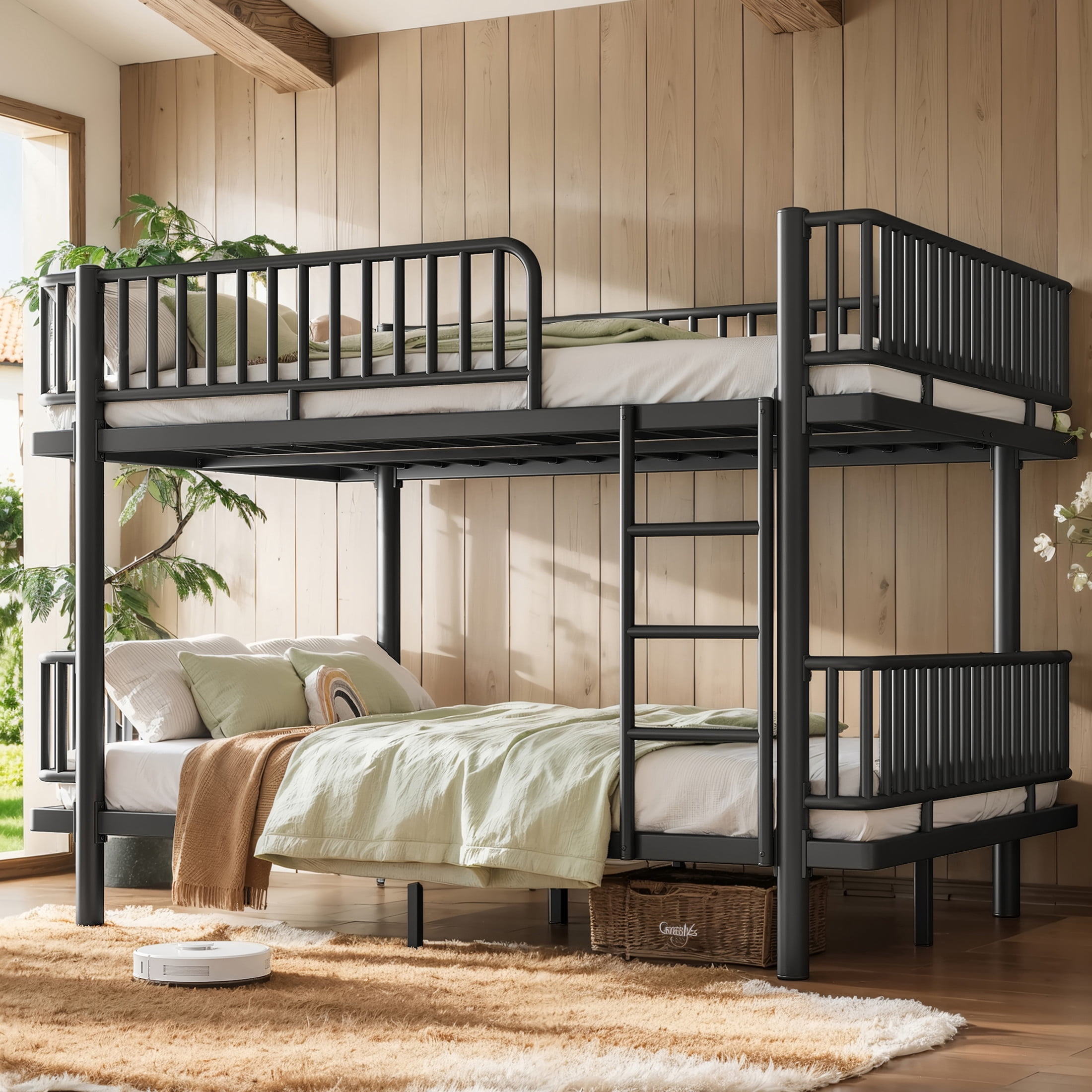 Noble House Queen over Queen Bunk Bed with Guardrails and Ladder, Can Separate into 2 Platform Beds, Black