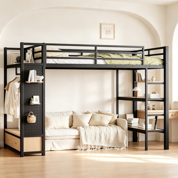 Bellemave Queen Size Loft Bed with Wardrobe and Drawers for Teens Adults, Metal Loft Bed Frame with Storage Shelves & Pegboard, Space‑Saving, Black