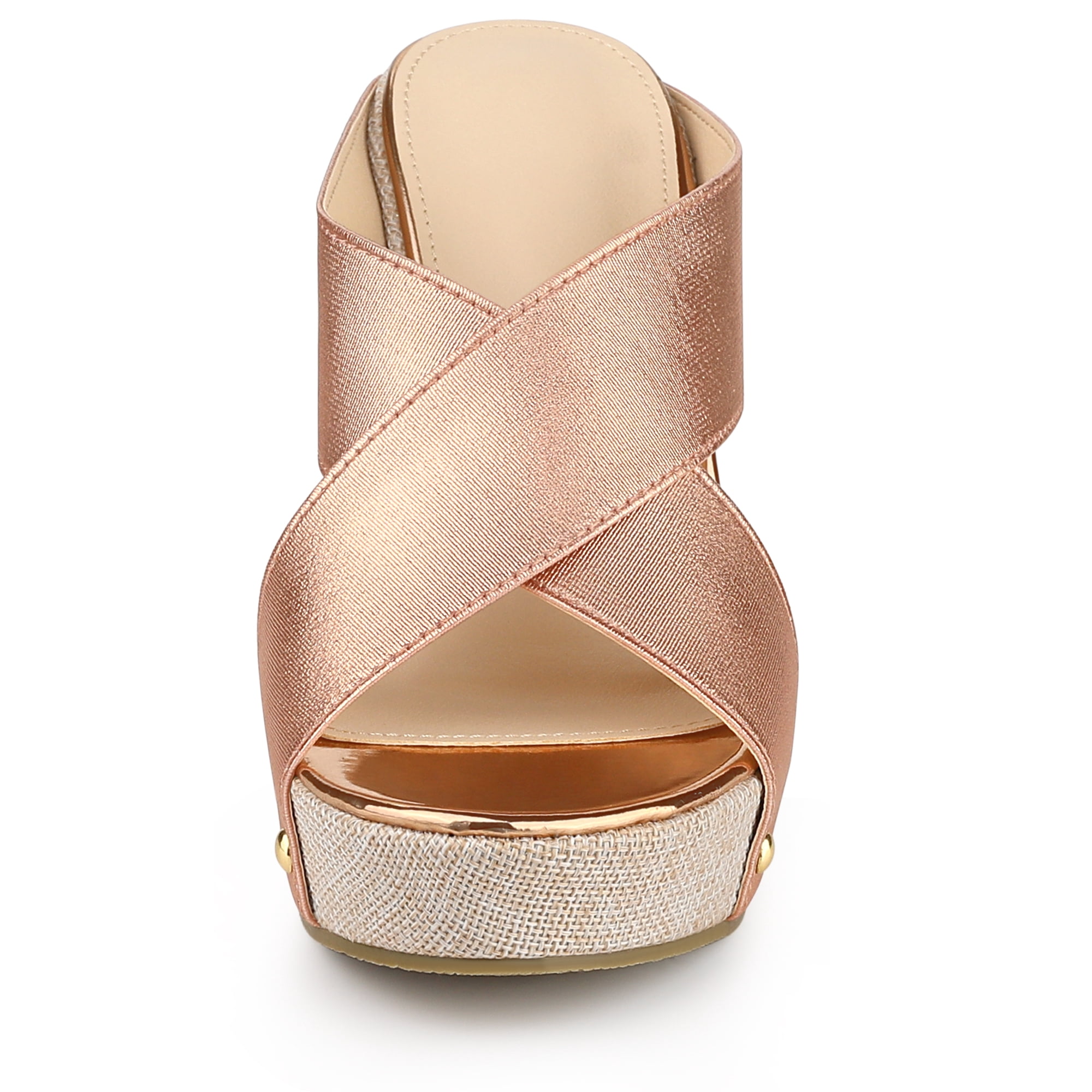 DARING DIVA Women's Stylish Open Toe Linen Platform Slide Wedge Sandals Rose Gold 7
